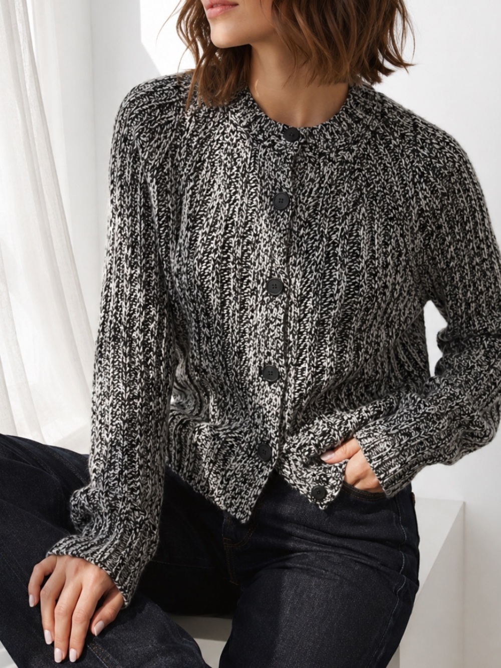Carven melange open stitch chunky knit wool sweater/cardigan Sz S